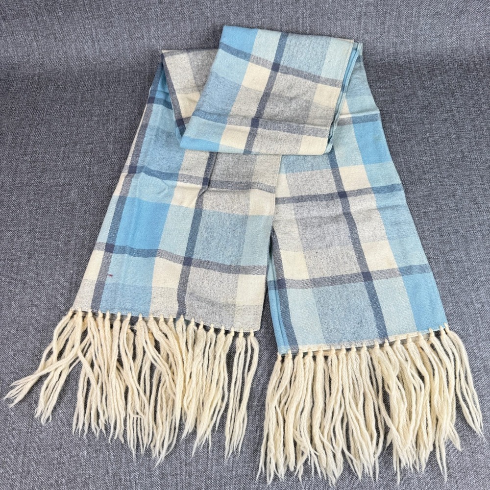 Baar & Beards Vintage Plaid Scarf Blue Cream Wool Rayon Blend Fringe Excellent